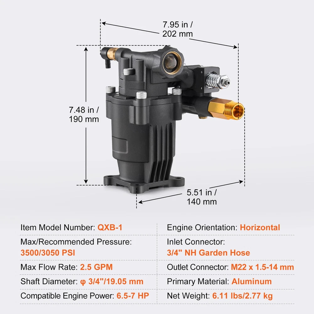 Pressure Washer Pump 3/4" Shaft Horizontal 3500 PSI 2.5GPM with 5 Nozzles