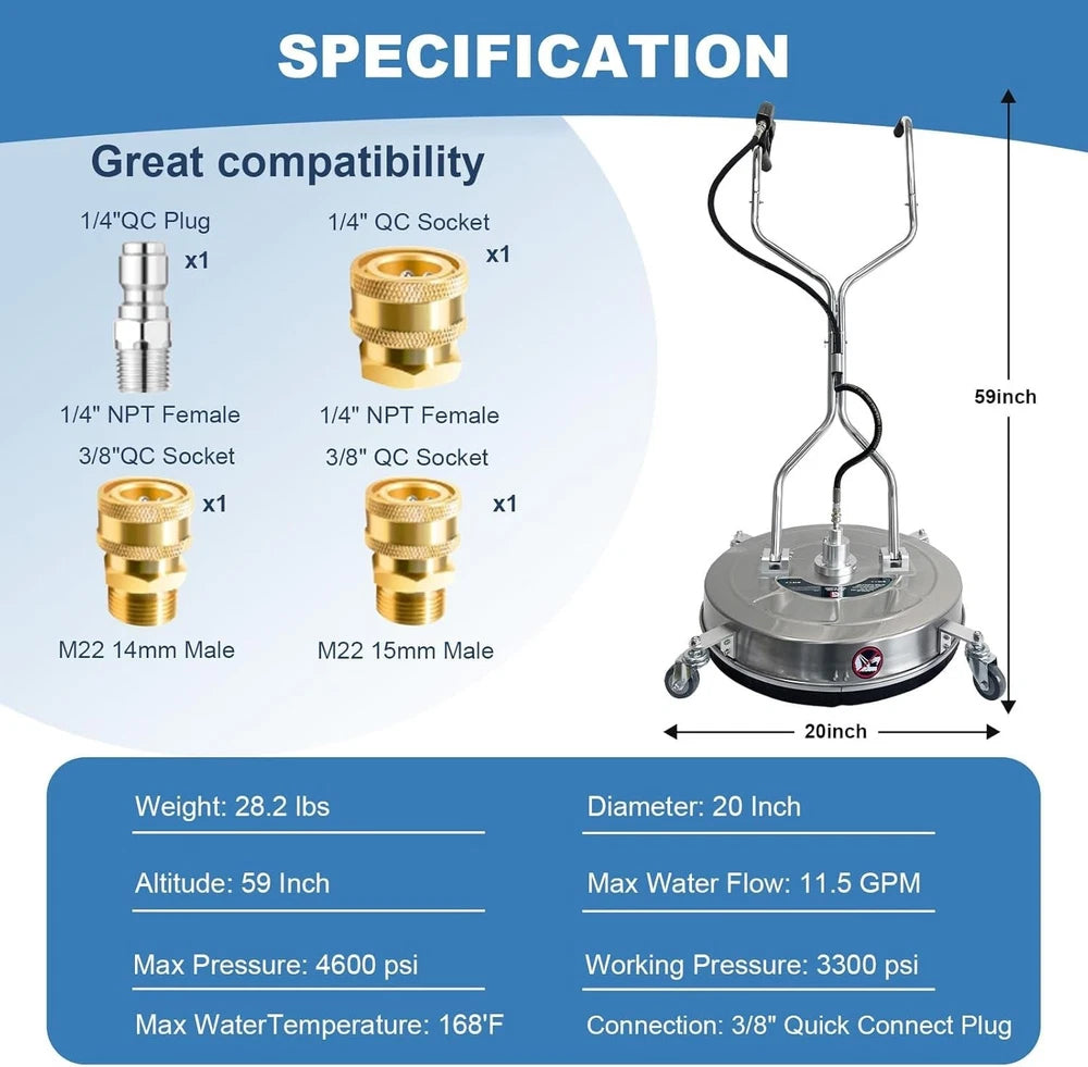 20" Pressure Washer Surface Cleaner Stainless Steel Dual Handle Surface Cleaner